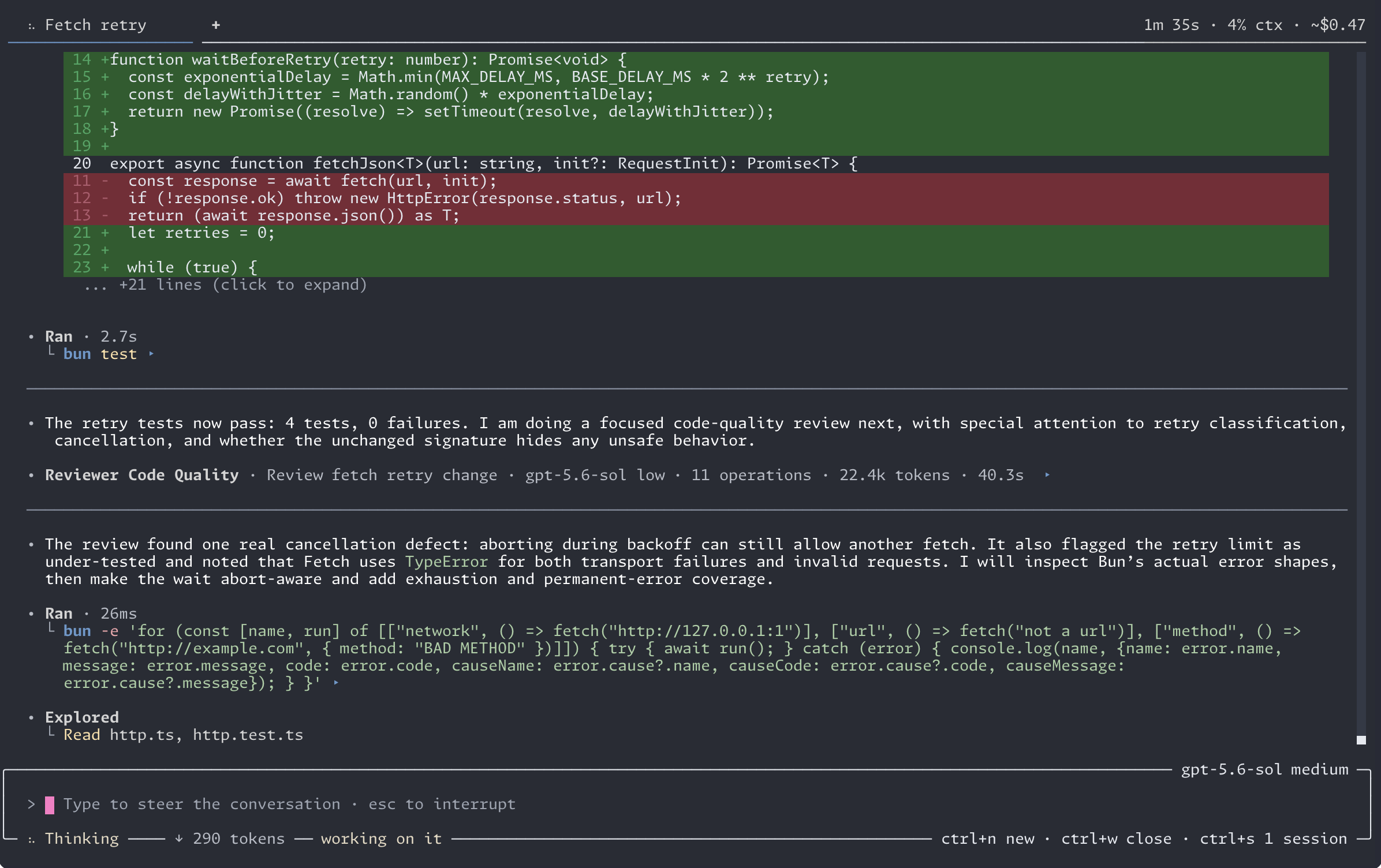 An inline diff preview in the Flywheel transcript, with a code review subagent running below it