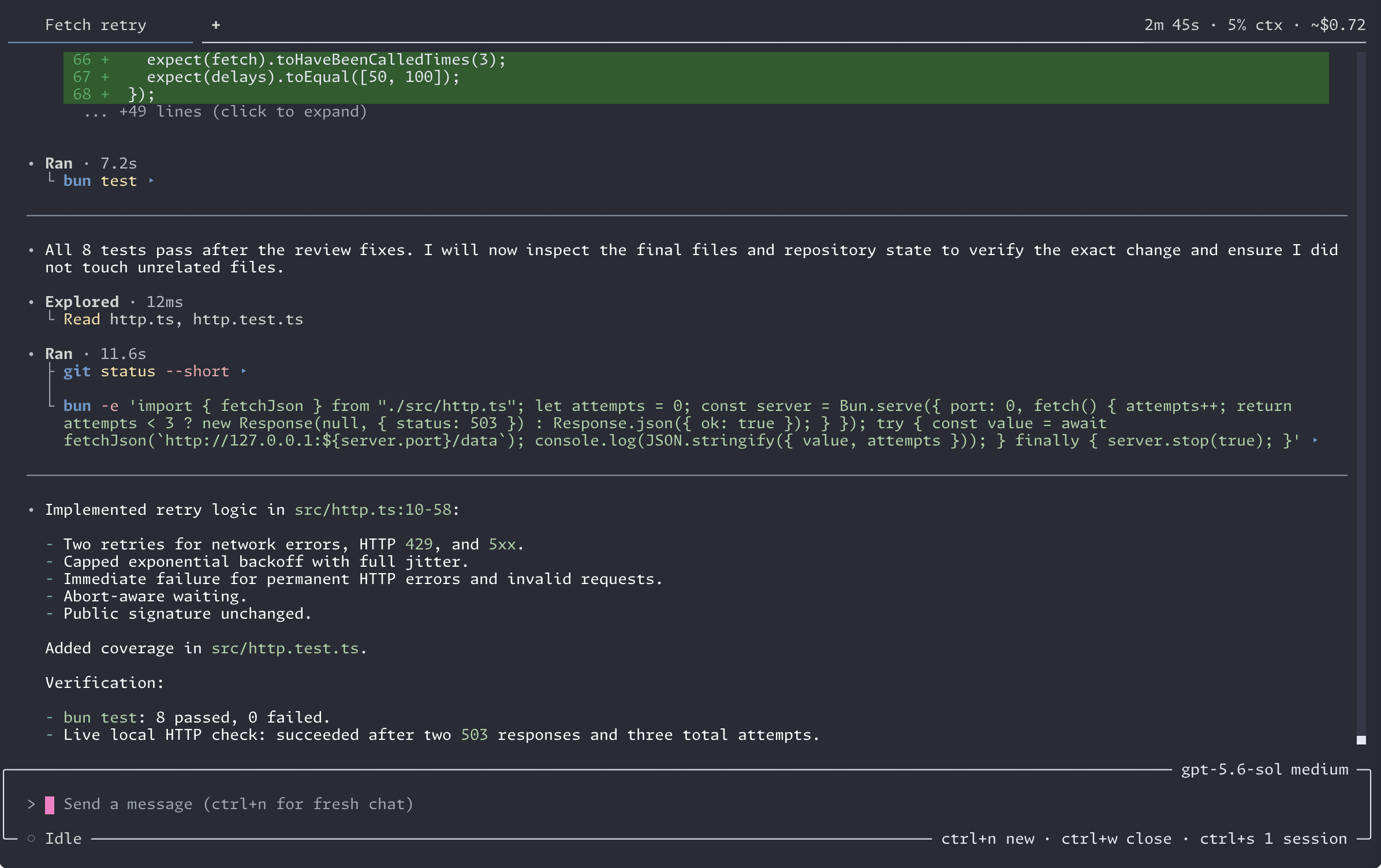 The Flywheel transcript after a completed task: collapsed tool runs, live verification commands, and a structured summary